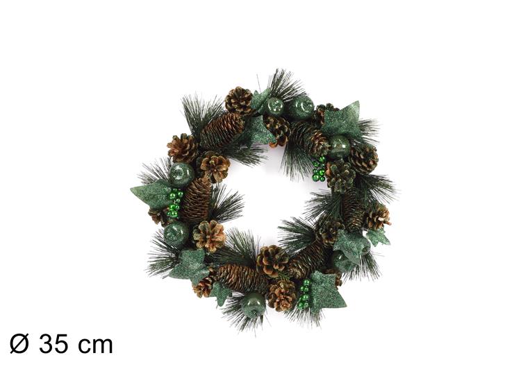 GHIRLANDA DIETROPORTATONDO C/PIGNE E FRUTTI GLITTER VERDE
