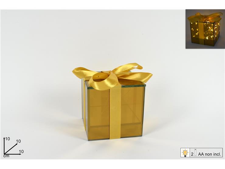 PACCO REGALO VETRO C/LUCI E FIOCCO ORO 10CM
