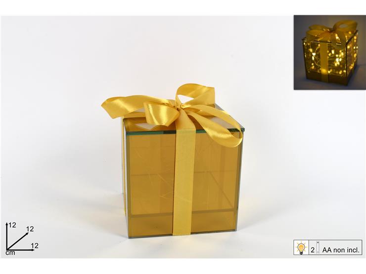 PACCO REGALO VETRO C/LUCI E FIOCCO ORO 12CM