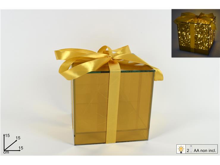 PACCO REGALO VETRO C/LUCI E FIOCCO ORO 15CM