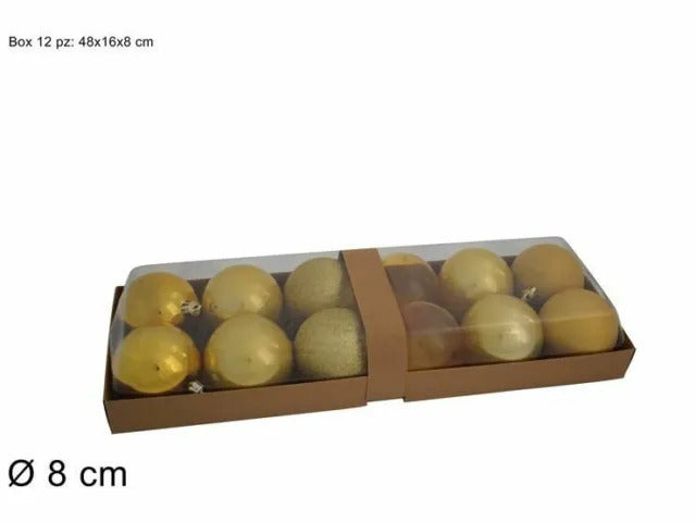 PALLINE NATALIZIE BOX 12PZ 8CM LUCIDO/PERLATO/GLITTER/TRASPARENTE ORO