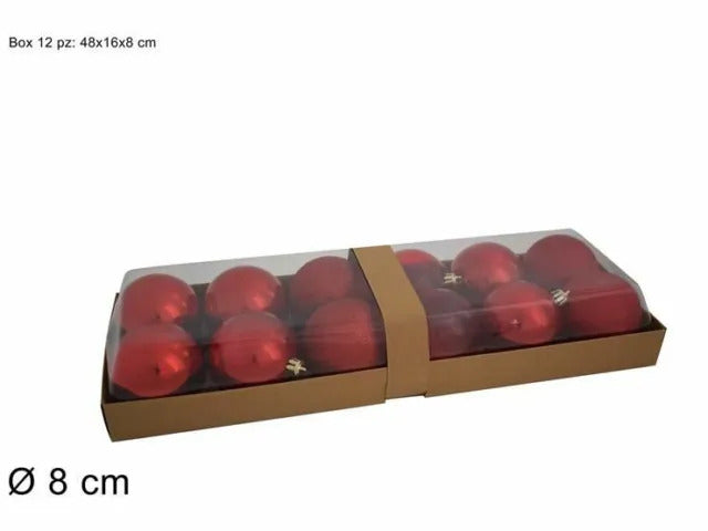 PALLINE NATALIZIE BOX 12PZ 8CM LUCIDO/PERLATO/GLITTER/TRASPARENTE ROSSO