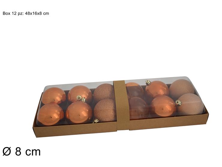 PALLINE NATALIZIE BOX 12PZ 8CM LUCIDO/PERLATO/GLITTER/TRASPARENTE COPPER