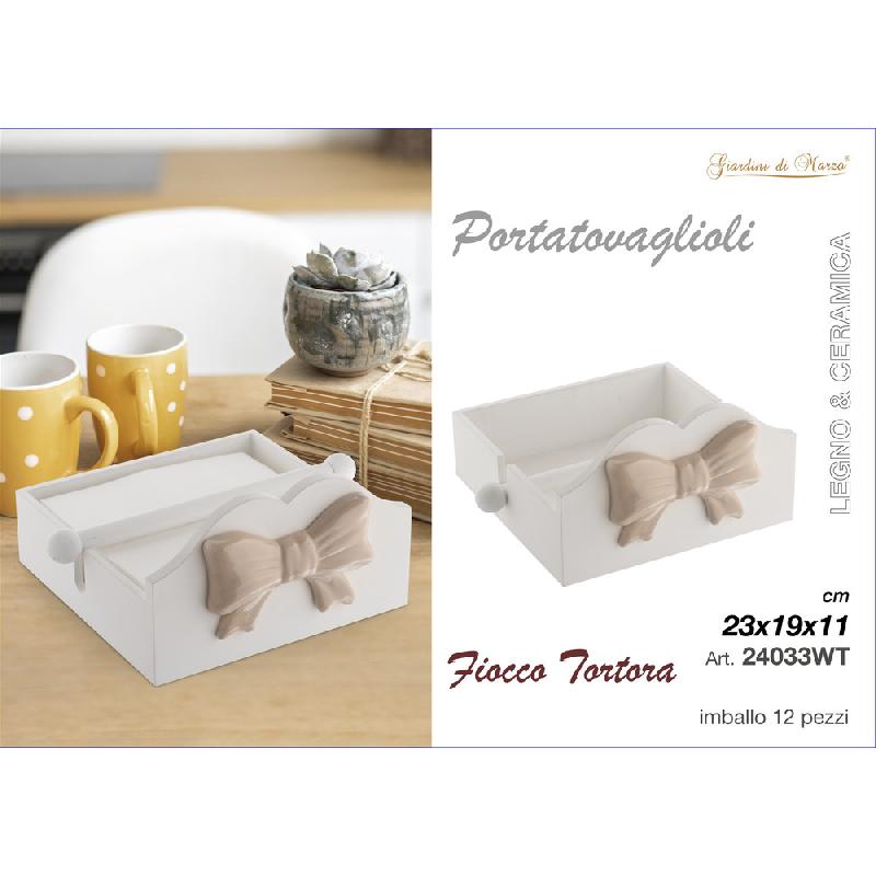 PORTATOVAGLIOLI LEGNO CERAMICA C/FIOCCO BIANCO/TORTORA