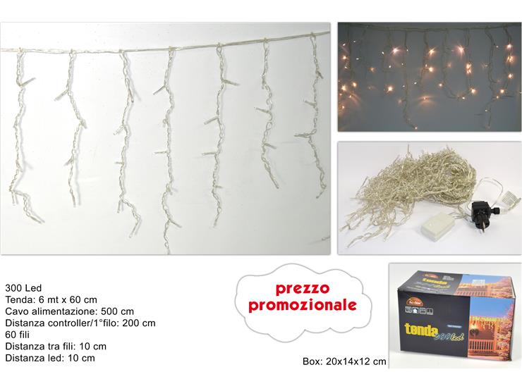 LUCI DI NATALE TENDA LED 300LUCI 6MT C/GIOCO DI LUCE CALDA