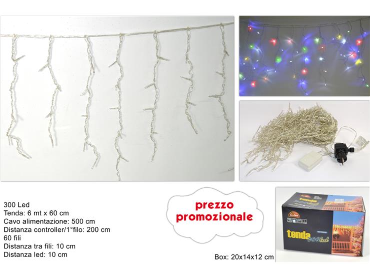 LUCI DI NATALE TENDA LED 300LUCI 6MT C/GIOCO DI LUCI MULTICOLOR
