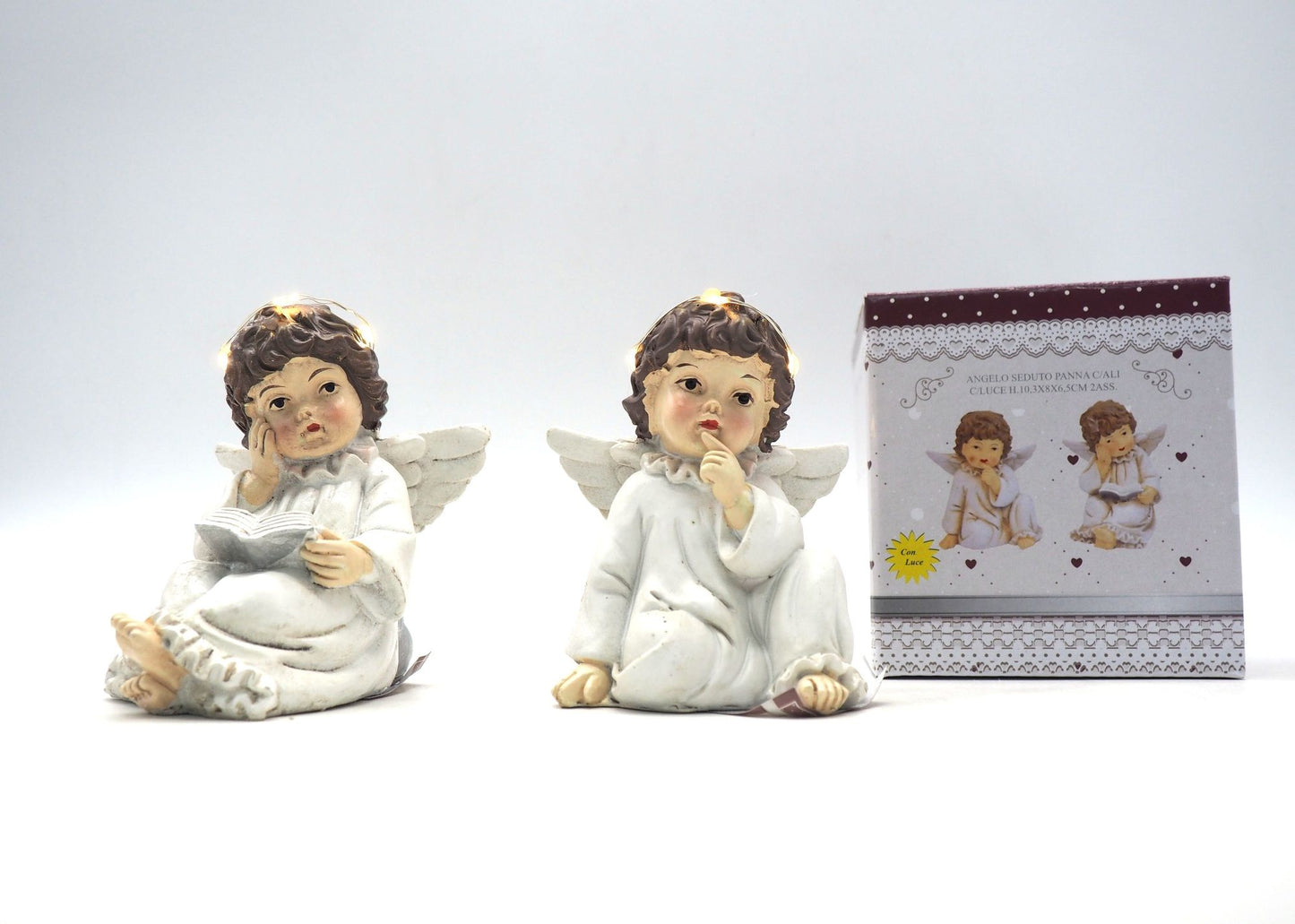 SITTING ANGEL CREAM W/WINGS W/LIGHT 10.3X8X6.5CM