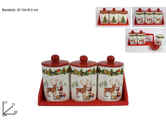 SALT/SUGAR/COFFEE JARS ASSORTED CHRISTMAS DECO.