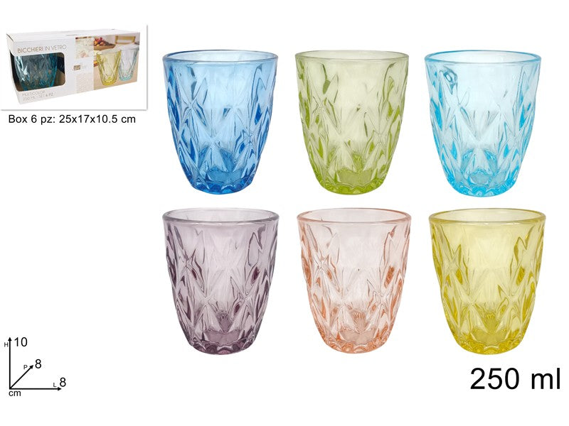 BICCHIERI VETRO COLORATI 250ML SET 6 PEZZI FANTASIA DIAMANTE