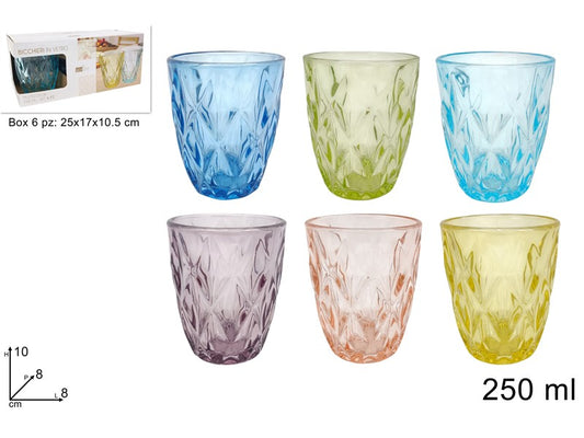 BICCHIERI VETRO COLORATI 250ML SET 6 PEZZI FANTASIA DIAMANTE
