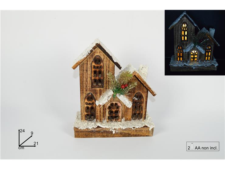 WOODEN HOUSE WITH BATTERY POWERED LIGHTS 24CM SNOWY ROOF