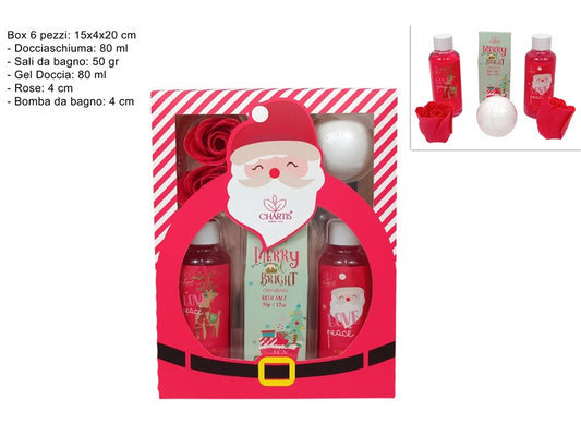 CONFEZIONE REGALO BABBO NATALE ROSSO SET DA BAGNO 4 PZ CON ROSE