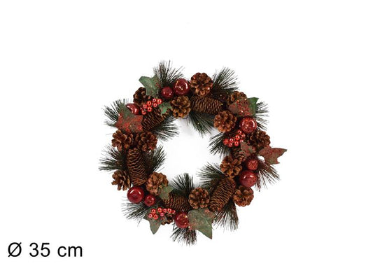 GARLAND BEHIND THE DOOR WITH PINECONES AND RED GLITTER FRUITS