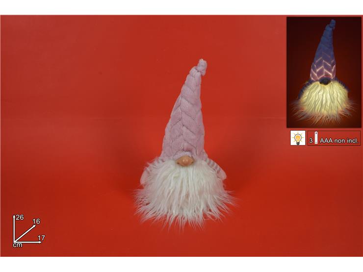 GNOME WITH LIGHT AND PINK VELVET HAT 26CM ASSORTED.