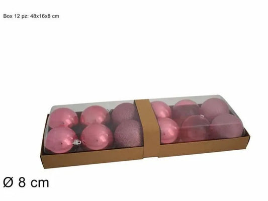 CHRISTMAS BALLS BOX 12PCS 8CM SHINY/PEARL/GLITTER/TRANSPARENT PINK