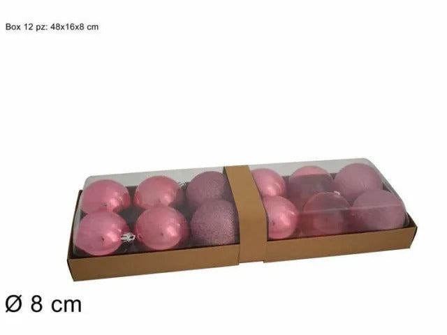 CHRISTMAS BALLS BOX 12PCS 8CM SHINY/PEARL/GLITTER/TRANSPARENT PINK