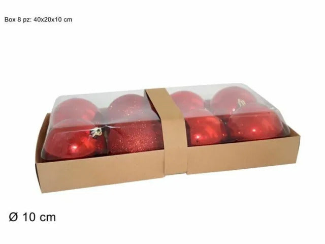 CHRISTMAS BALLS BOX 8PCS 10CM SHINY/PEARL/GLITTER RED