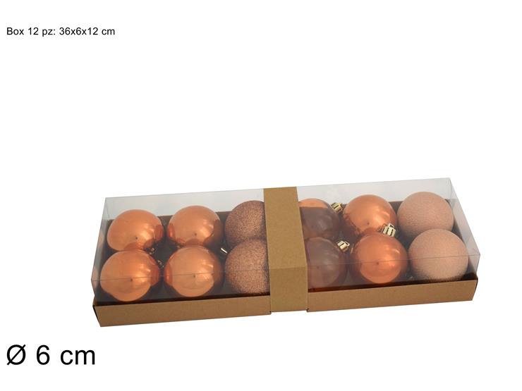 CHRISTMAS BALLS BOX 12PCS 6CM ASSORTED. COPPER