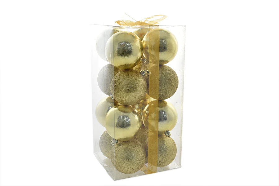 CHRISTMAS BALLS BOX 16PCS 8CM DECO.POLISHED/GLITTER GOLD