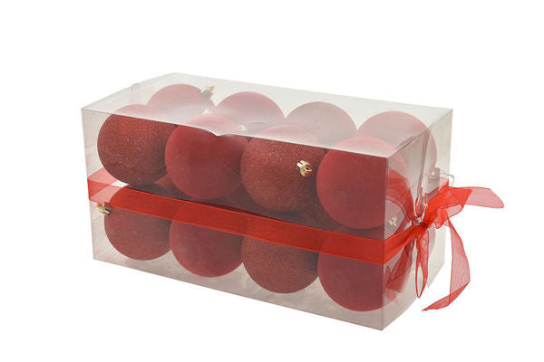 CHRISTMAS BALLS BOX 16PCS 8CM RED VELVET/GLITTER