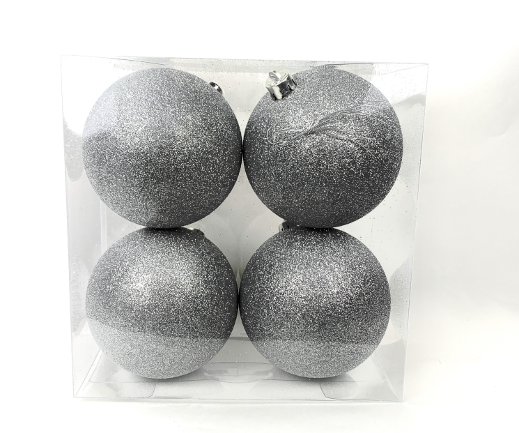 CHRISTMAS BALLS BOX 4PCS 10CM SILVER W/GLITTER