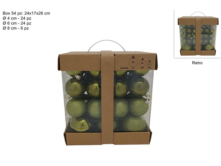 CHRISTMAS BALLS BOX 54PCS 3SIZES ASSORTED. OLIVE GREEN