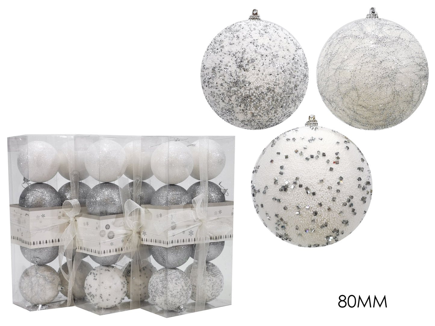 CHRISTMAS BALLS BOX 8PCS 8CM SILVER W/GLITTER 3ASS.