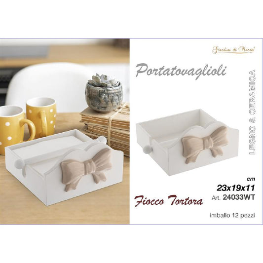 PORTATOVAGLIOLI LEGNO CERAMICA C/FIOCCO BIANCO/TORTORA