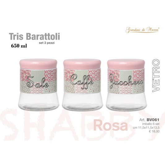 SHABBY PINK SALT/SUGAR/COFFEE GLASS JARS 650ML.