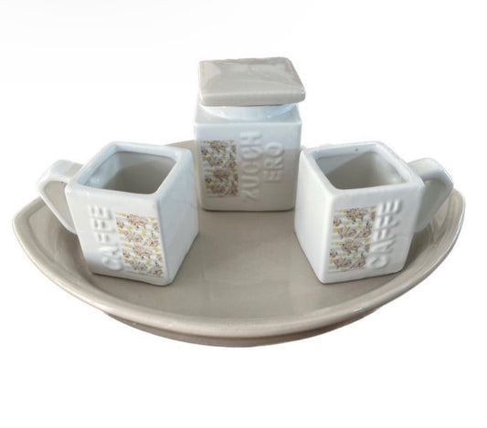 COFFEE CUPS+CERAMIC SUGAR BOWL SET 2PCS. W/PEONIAS TRAY