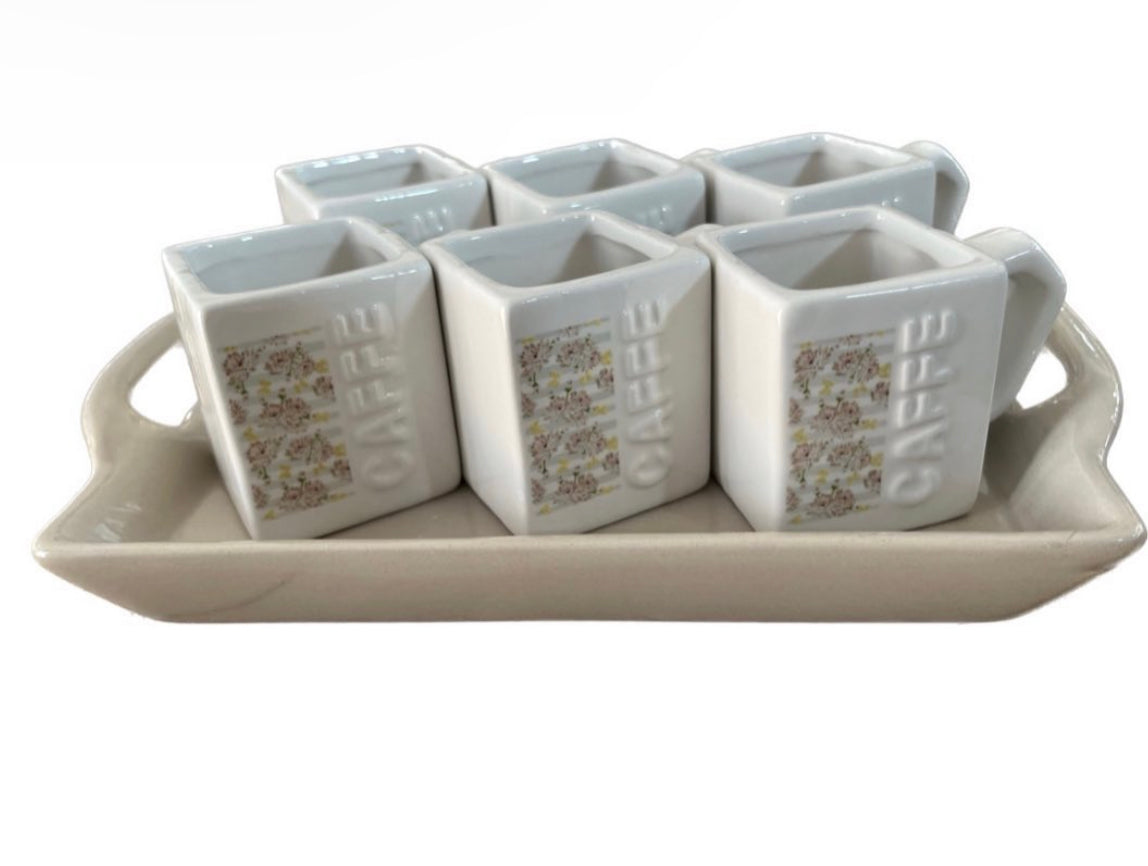 SET OF PEONIA CERAMIC SQUARE CUPS WITH TRAY