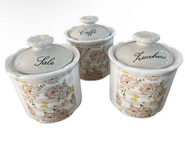 3 SALT/SUGAR/COFFEE CERAMIC PEONIA JARS