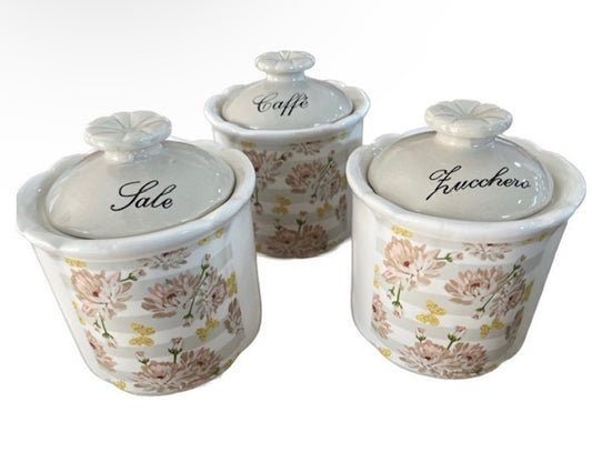 TRIS BARATTOLI SALE/ZUCCHERO/ CAFFE CERAMICA PEONIAS